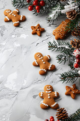 Festive christmas frame from homemade gingerbread cookies on white background with copy space. Xmas, New Year celebration concept for greeting postcard, banner