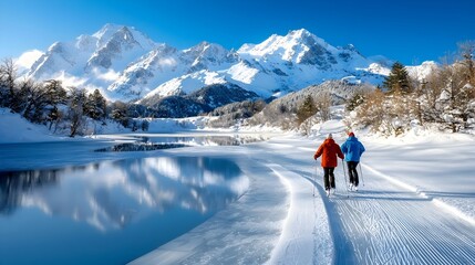 Peaceful and Scenic Ice Skating on a Frozen Lake Amidst the Breathtaking Backdrop of Snow Capped Mountains and Lush Evergreen Trees