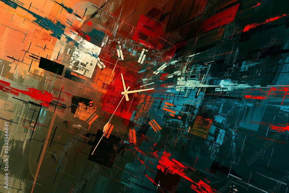 Poster clock face exploding with abstract shapes representing the passing of time