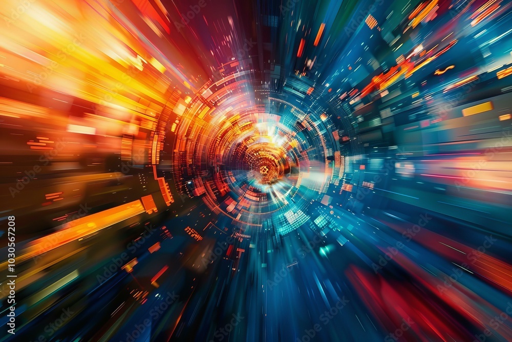 Poster abstract circular technology background with glowing lines moving at high speed