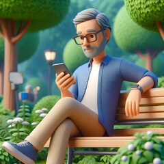 3D illustration of a Man sitting on a bench with his phone in the park