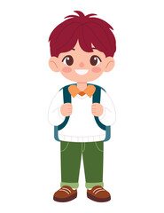 Little schoolboy with backpack isolated on white background. Flat vector illustration. Education theme