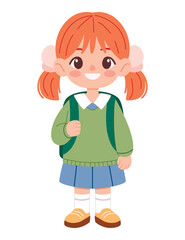 Little schoolgirl with backpack isolated on white background. Flat vector illustration. Education theme
