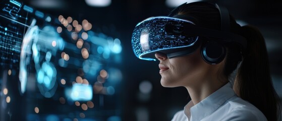 A corporate professional engages in a virtual reality meeting, showcasing advanced technology in a high-fidelity environment. Ideal for business and innovation themes.