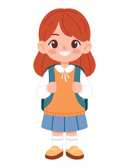 Little schoolgirl with backpack isolated on white background. Flat vector illustration. Education theme