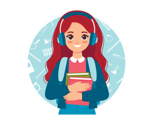 Smiling female student character in headphones holding stack of book in her hands.