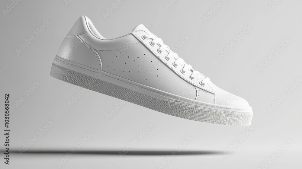 Wall mural A stylish pair of white sneakers is showcased in a levitating position against a minimalistic light grey background, emphasizing the modern design and clean lines.