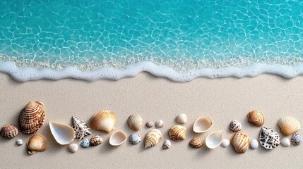 A watercolor seascape of a calm beach with gentle waves and seashells, isolated on white background