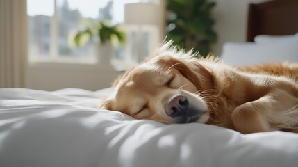 Obraz premium A golden retriever dog sleeps soundly on a white bed, with a window and plant in the background.