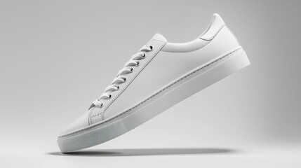 A realistic image of white sneakers against a neutral background, showcasing sleek and minimalist design features ideal for product display and branding.