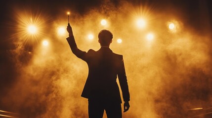 A magician stands on stage with his back to the camera before performing, silhouetted against a spotlight and raising one hand holding a hypnotic wand.