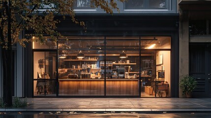 Coffee shop storefront with glass windows and visible counter, perfect for a street-view design mockup