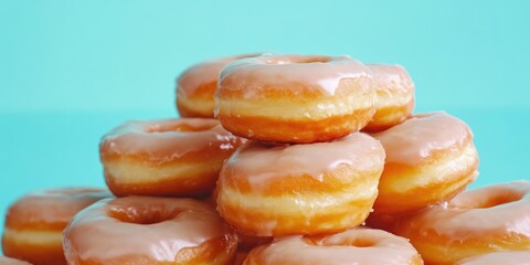 Tempting Pile of Glazed Donuts with Pastel Blue Background