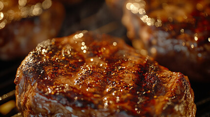 Juicy bone-in meat with a charred crust, close-up