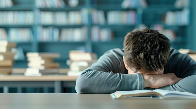 Student sleeping on book in library surrounded by stacked books