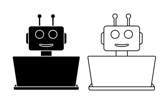 Chatbot line icon. Vector outline symbol of cute smiling robot working behind laptop. Modern linear sign isolated on white background