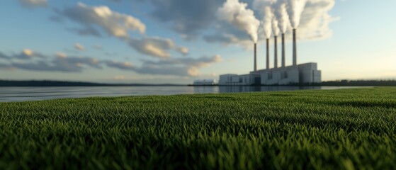 A photorealistic depiction of a modern coal power plant set against a serene landscape, showcasing the contrast between industrial energy production and natural beauty.