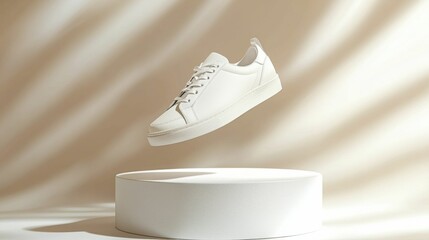 A stylish pair of white sneakers showcased in a minimalistic setting, highlighting modern design and functionality, perfect for casual wear.