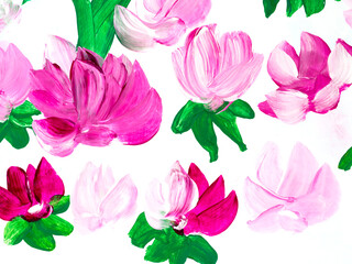 Pink abstract flowers, original hand drawn, impressionism style, color texture, brush strokes of paint, art background