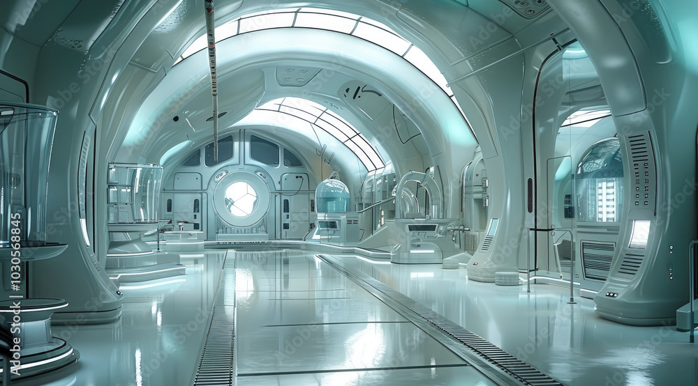 Poster Mix of hyper futuristic architecture interior, focus on science and laboratory.