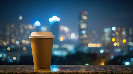 Naklejka premium Craft paper coffee cup resting on a caf counter with a blurred city view, ideal for an evening coffee branding or template.