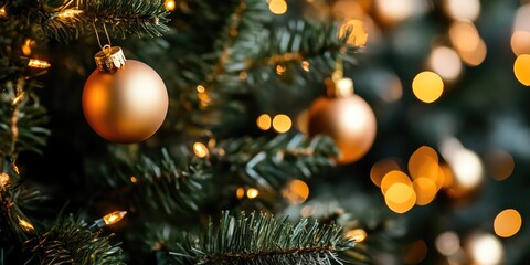 Festive Close-Up of a Christmas Tree Adorned with Golden Baubles