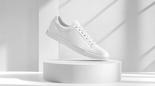 A pair of stylish white sneakers showcased on a circular pedestal, emphasizing a modern and clean design against a minimalist background.