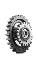 Metal gearwheel isolated on transparent background, representing manufacturing and mechanical engineering.