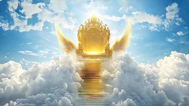 Christian religion concept, biblical scene, second coming of Jesus Christ, Heaven gate, throne of God, divine light. Glowing golden throne with angelic wings above clouds, leading to Heaven
