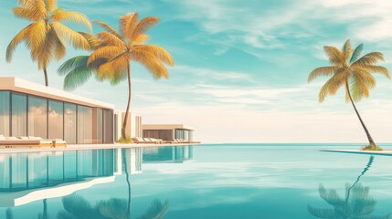 Exotic resort scene with minimalist architecture, luxury bungalows, and turquoise seascape, ideal for spa and leisure promotion.