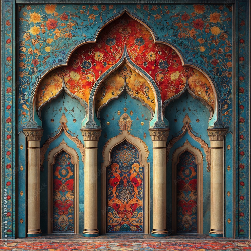 Poster dynamic islamic art background with bold colorful patterns and decorative elements capturing the ess