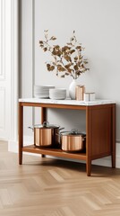 A stylish shelving unit features light wood and marble, four drawers for storage, and white ceramic pots, set against a large concrete wall in a Tokyo design store