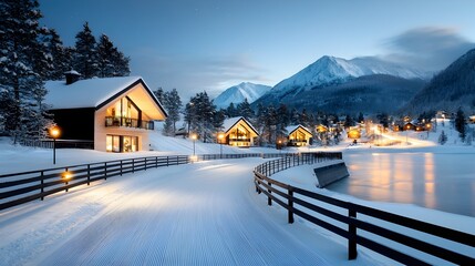 Fototapeta premium Idyllic snow covered landscape with a brightly lit holiday cabin nestled among towering pine trees glowing under the stunning winter night sky