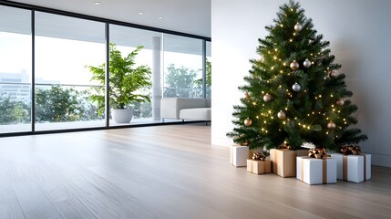 Obraz premium Festive Christmas tree adorned with sparkling ornaments and wrapped presents underneath in a cozy and inviting living room setting creating a warm and joyful holiday atmosphere