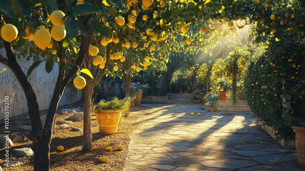 Poster lemon trees with golden sunlight and shadows in the garden, creating a refreshing landscape design c