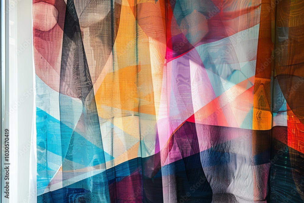 Poster sunlight shining through colorful sheer curtains with an abstract geometric design