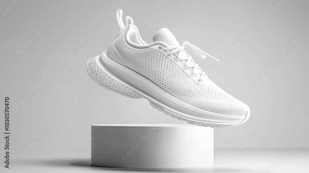 Canvas Prints A minimalist display showcases a white athletic shoe, emphasizing its modern design and sleek features, suitable for various sports.