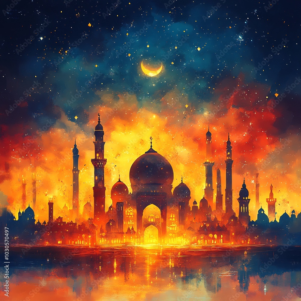 Poster dynamic islamic art background with bold colorful patterns and decorative elements capturing the ess