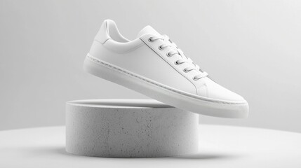 A stylish pair of white sneakers elegantly floating above a concrete pedestal, showcasing modern footwear design and sophistication.