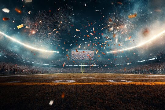 Celebratory fireworks explode over a packed stadium during an exciting football game in the evening light. Generative AI
