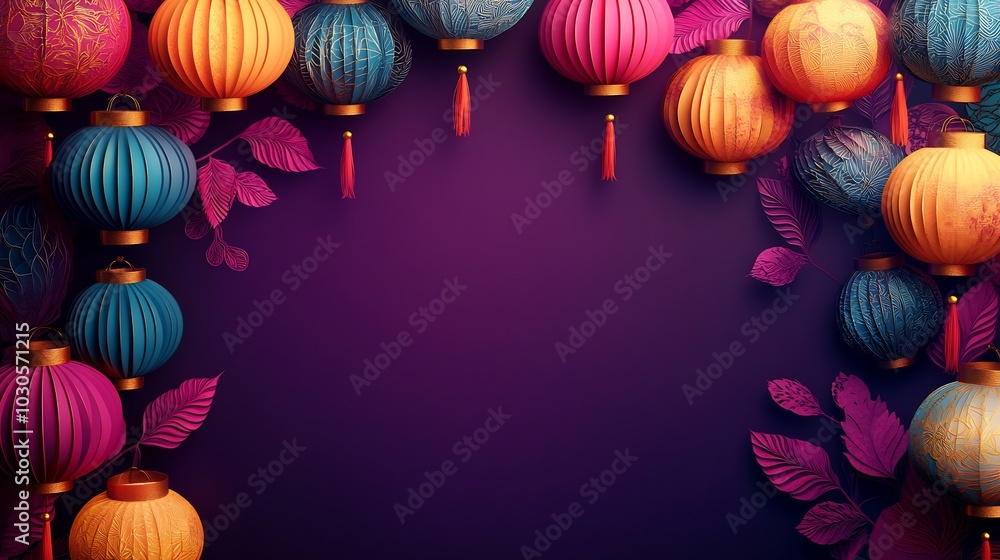 Poster dynamic paper cut style banner showcasing an array of colorful lanterns with detailed patterns on a 