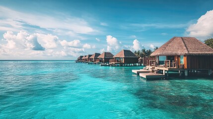 Obraz premium Panoramic view of a luxurious tropical resort with beachfront bungalows, turquoise ocean, and a minimalist aesthetic