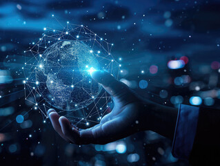 Fototapeta premium hand touching global network and data exchanges over the world 3D rendering, network city background. Internet concept. Technology Ai for science, business, innovation