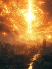 Fototapeta premium Apocalyptic Cityscape with a Glowing Celestial Event