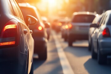City Highway Traffic Jam Under Bright Sunlight and Shadows