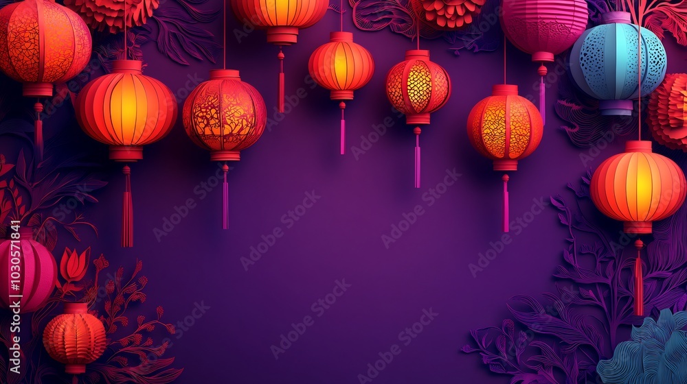 Poster dynamic paper cut style banner showcasing an array of colorful lanterns with detailed patterns on a 