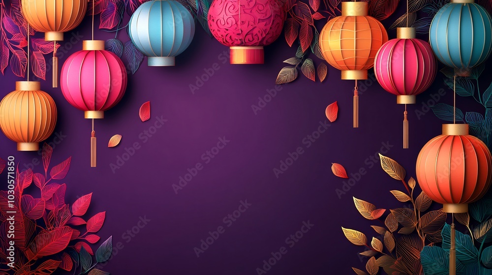 Poster dynamic paper cut style banner showcasing an array of colorful lanterns with detailed patterns on a 