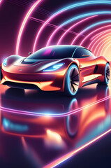 Naklejka premium Futuristic Speed: A sleek, red sports car races through a neon-lit tunnel, its bright lights reflecting off the smooth surface of the road. The car is a symbol of speed, power, and innovation.