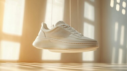 A pair of stylish white sneakers hanging elegantly in a well-lit room, featuring a clean design and soft textures. A perfect blend of fashion and functionality.