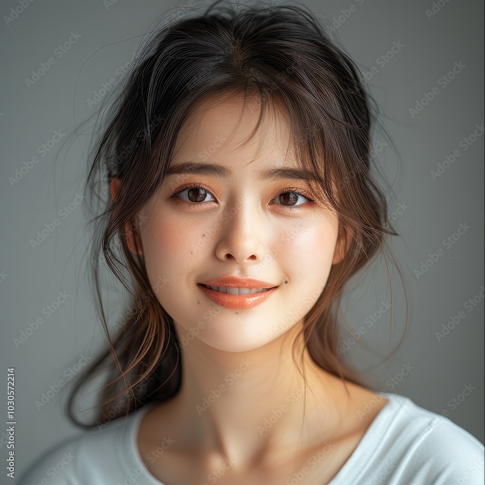 Poster Beautiful Asian girl, smiling eyes, Brown Hair.